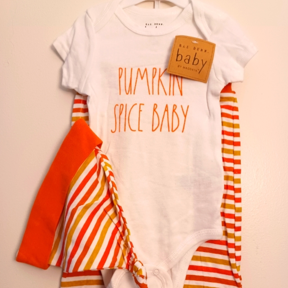 Rae Dunn onesie with bottoms and cap